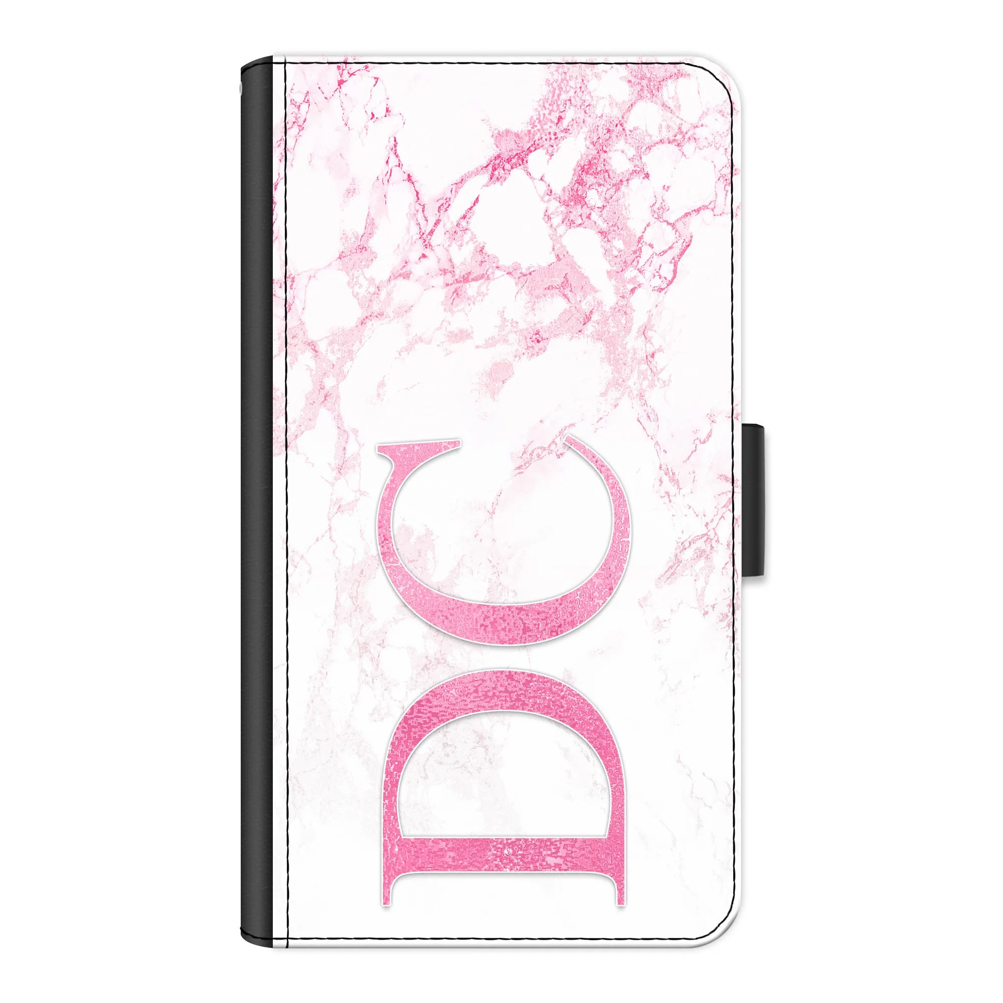 Personalised HTC Phone Leather Wallet with Pink Initials on Pink Marble