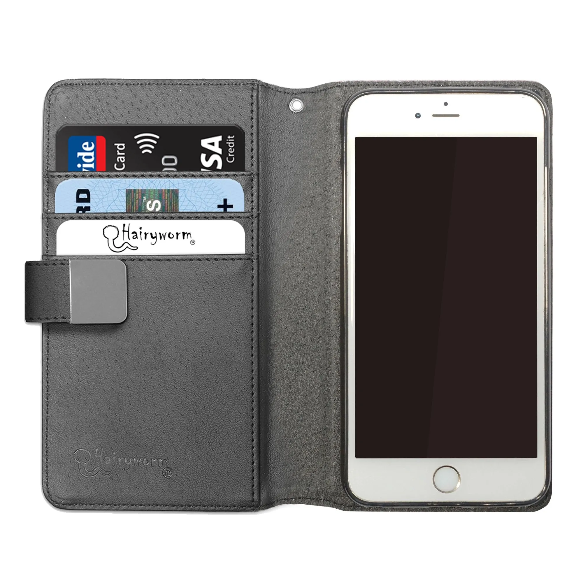 Personalised Oppo Phone Leather Wallet with Pink Initials, Pin Stripes and Droplets on Black