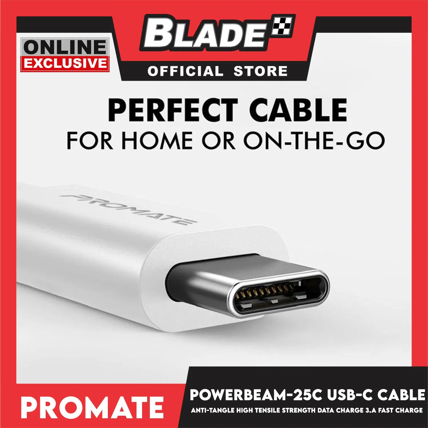 Promate 25cm USB-C Cable Anti-Tangle PowerBeam-25C (White) High Tensile Strength Data Charge 3.A Fast Charge
