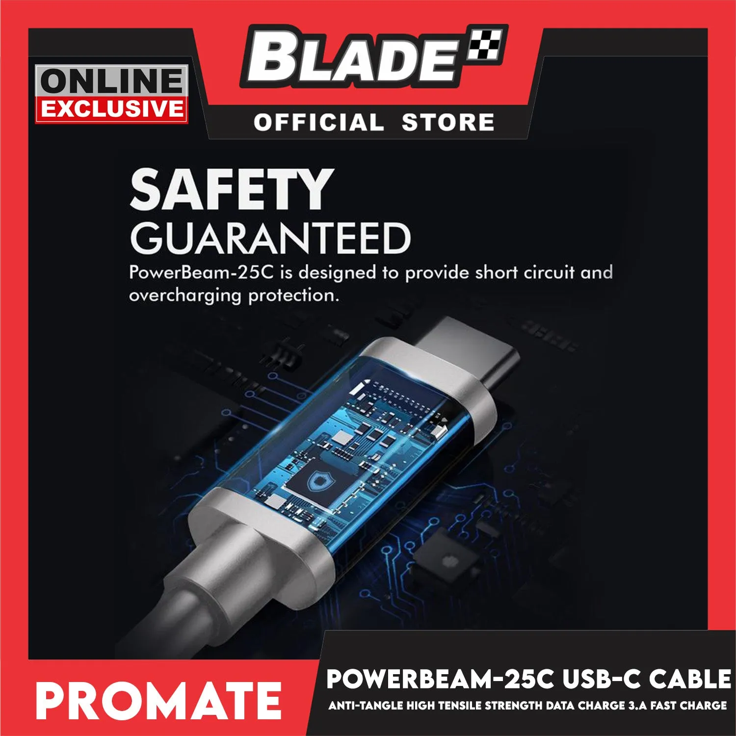 Promate 25cm USB-C Cable Anti-Tangle PowerBeam-25C (White) High Tensile Strength Data Charge 3.A Fast Charge