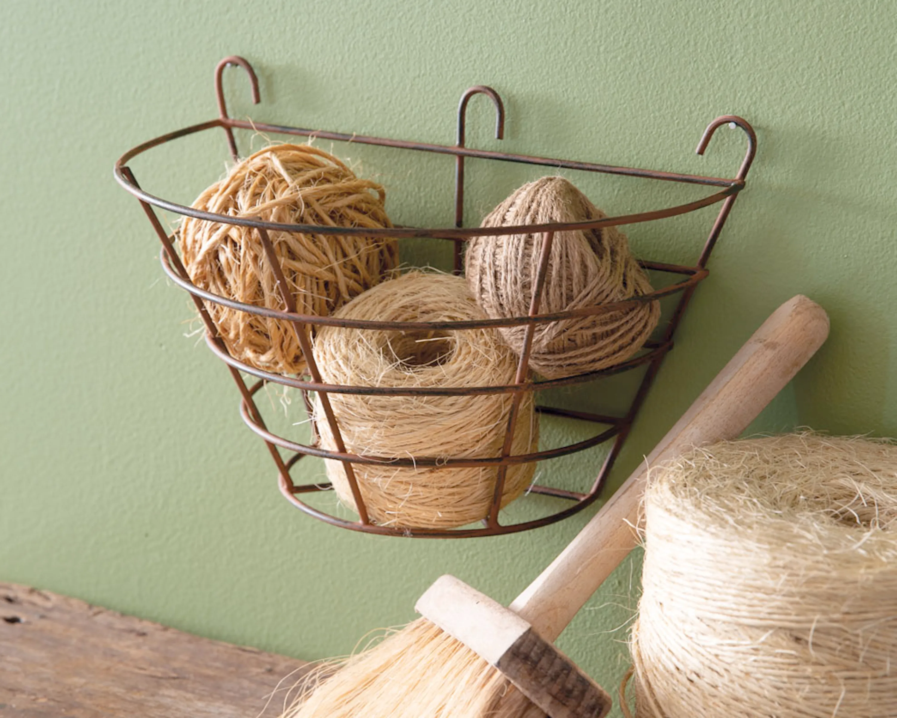 Rustic metal wire hanging storage basket