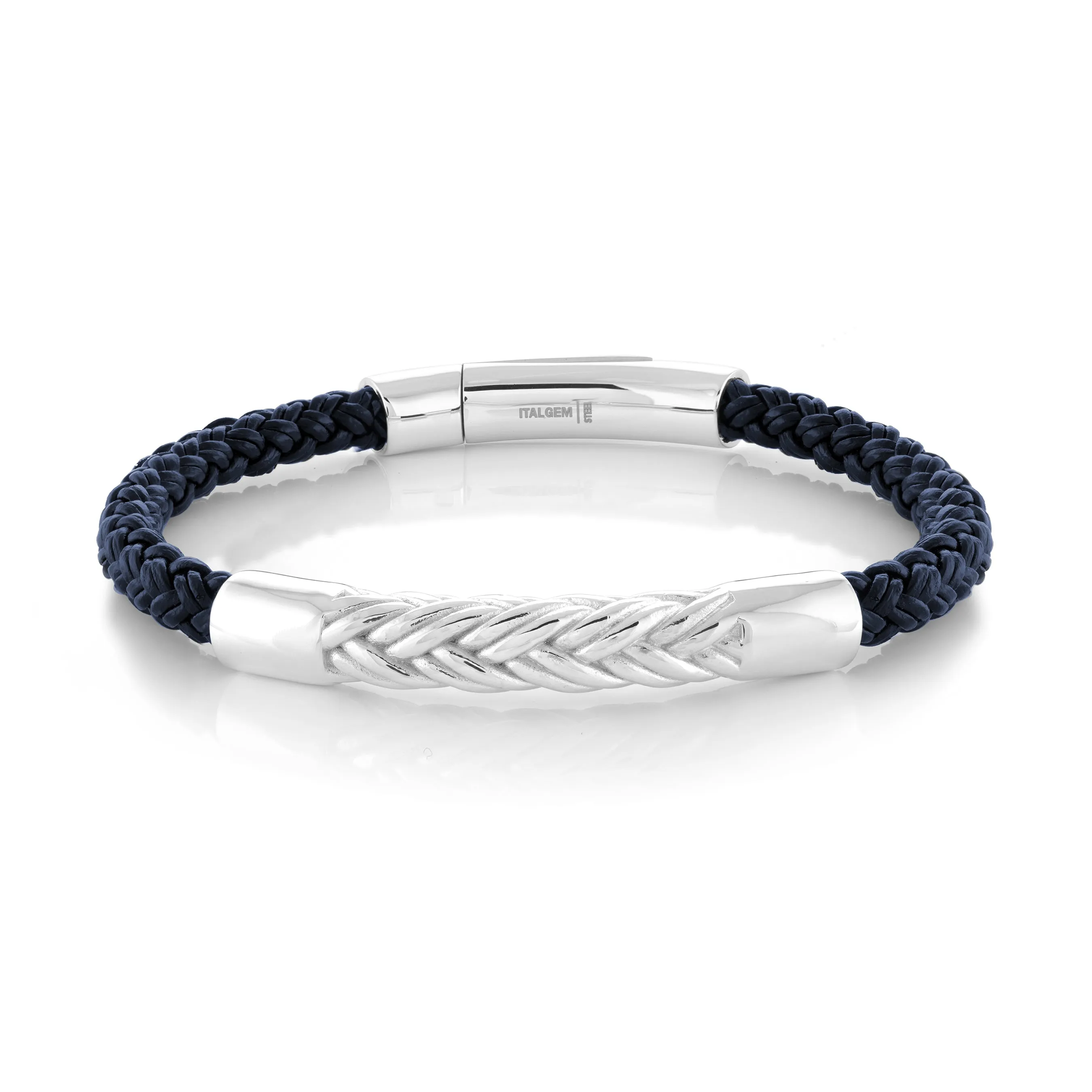 Steel Chevron Design Blue Leather Magnetic Clasp Bracelet