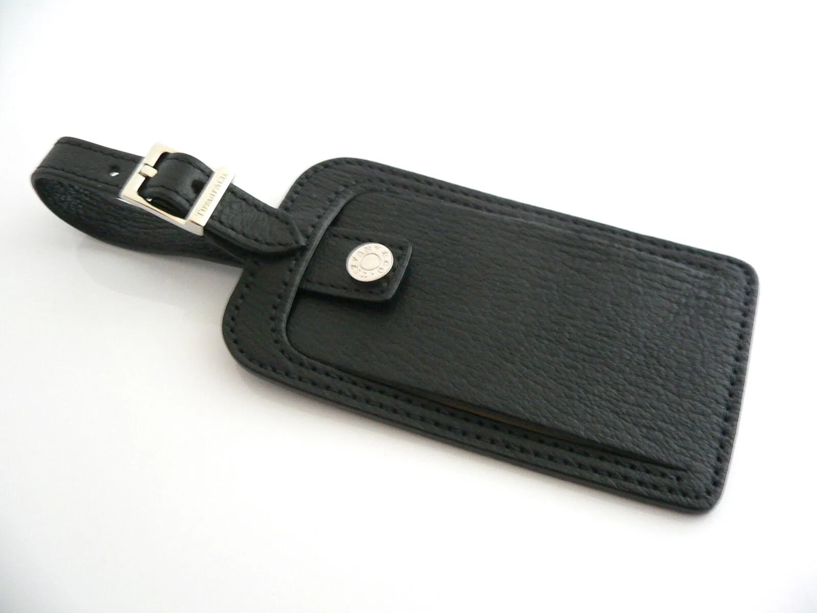Tiffany & Co Black Textured Leather Luggage Tag Golf Bag Gift Traveler Love