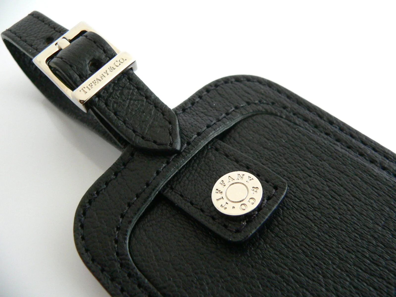 Tiffany & Co Black Textured Leather Luggage Tag Golf Bag Gift Traveler Love