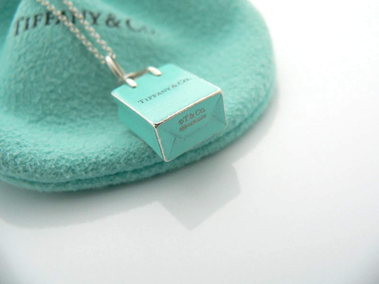 Tiffany & Co Silver Blue Enamel Shopping Bag Necklace Charm Pendant Gift Pouch