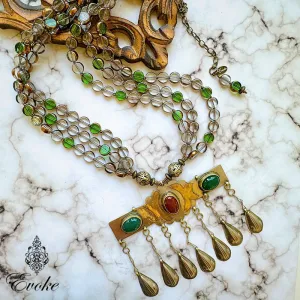 Turkmen Pendant with Carnelian & Green Onyx and Artisan Crystal Glass Necklace