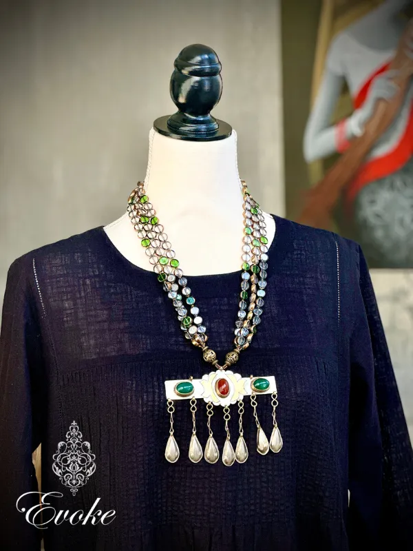 Turkmen Pendant with Carnelian & Green Onyx and Artisan Crystal Glass Necklace