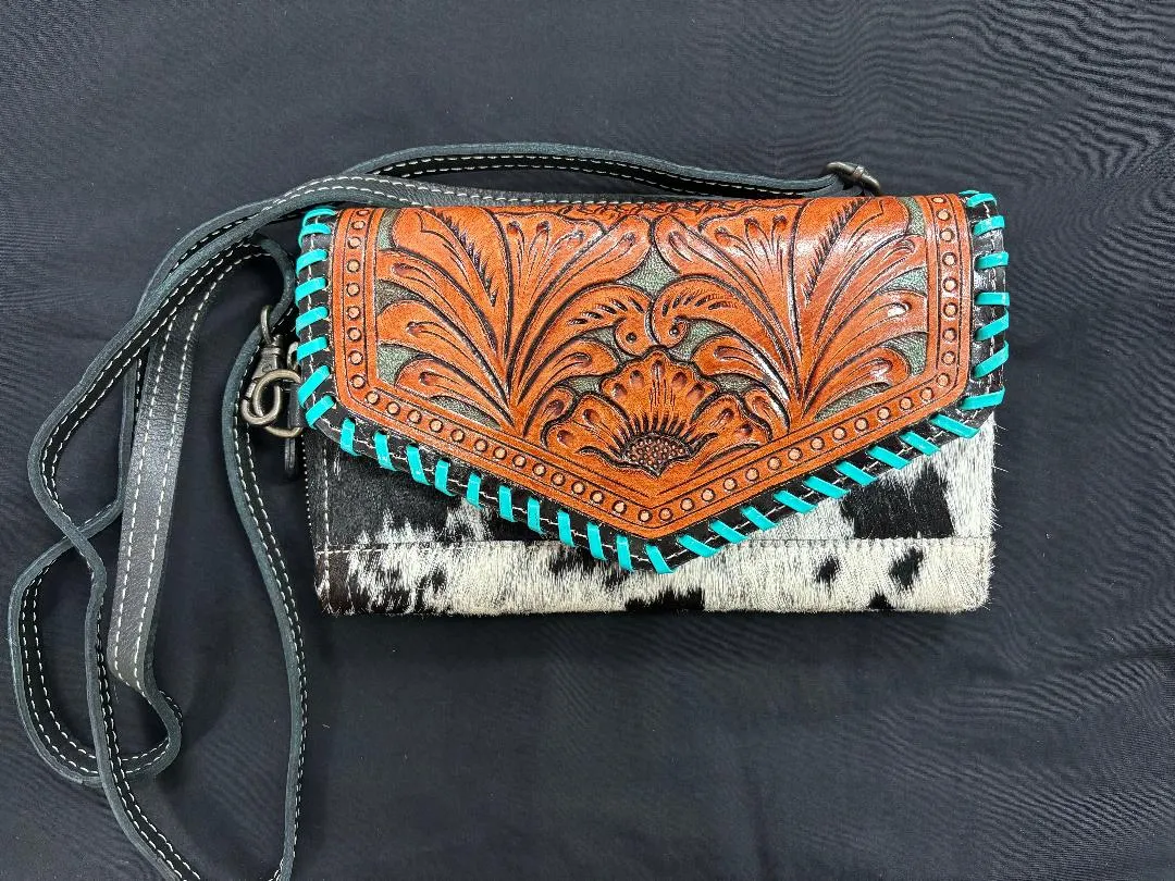 Western Tooled Cowhide Crossbody Wallet